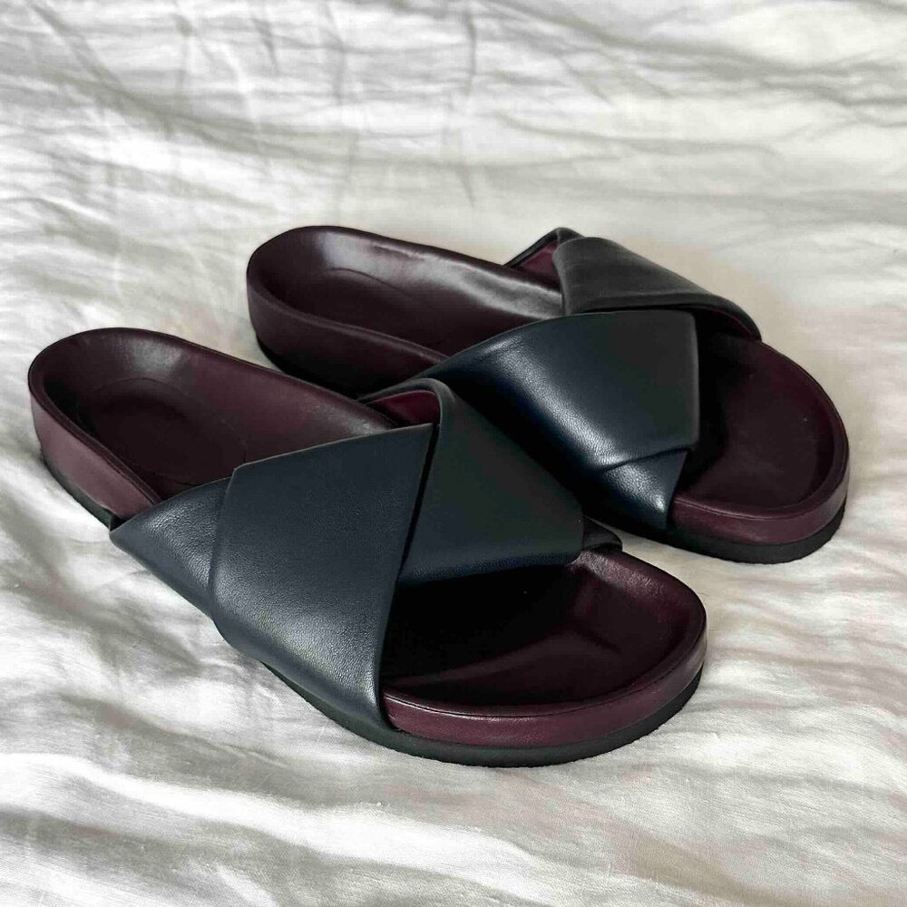 Celine, Twist Sandal, Navy Leather Slides, Size 37, EUC